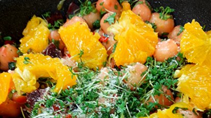 Zu den Kochkursen. Orangenfilets als Salat mit Kresse