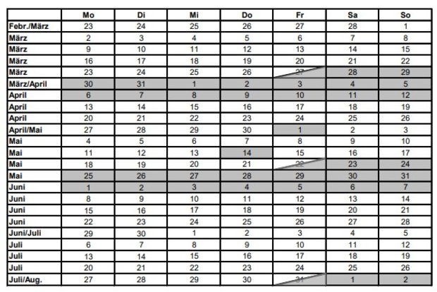 Ferienkalender als Tabelle