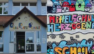Zu den Informationen zu den Ganztageklassen. Bildcollage aus Eingang Grundschule und Graffiti der Mittelschule