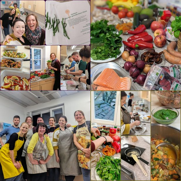 zu den Kochkursen. Das Bild zeigt Eindrücke vom Kochabend. Eine Collage