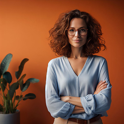 eine Frau steht vor einem orangen Hintergrund, sie lächelt